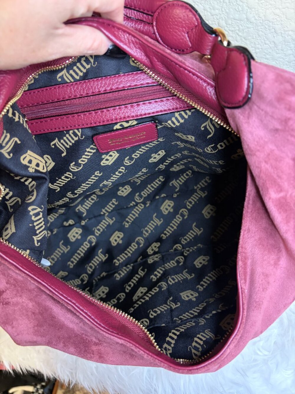 Juicy Couture Royal Crest Hobo Bag Cranberry Juice Velour Chain NWT - Picture 7 of 8